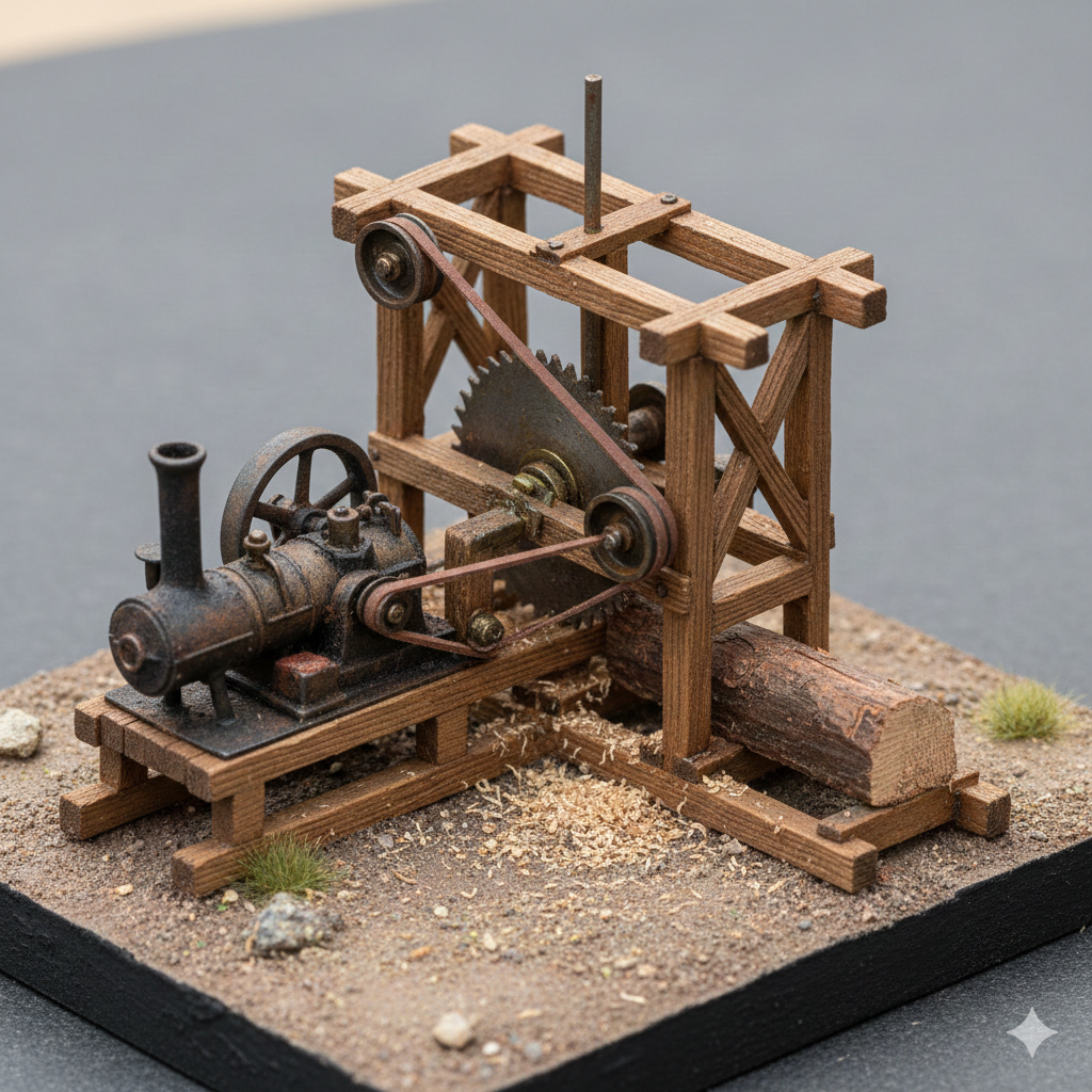 Houten model van een stoommachine met een houten stam en stenen ondergrond.